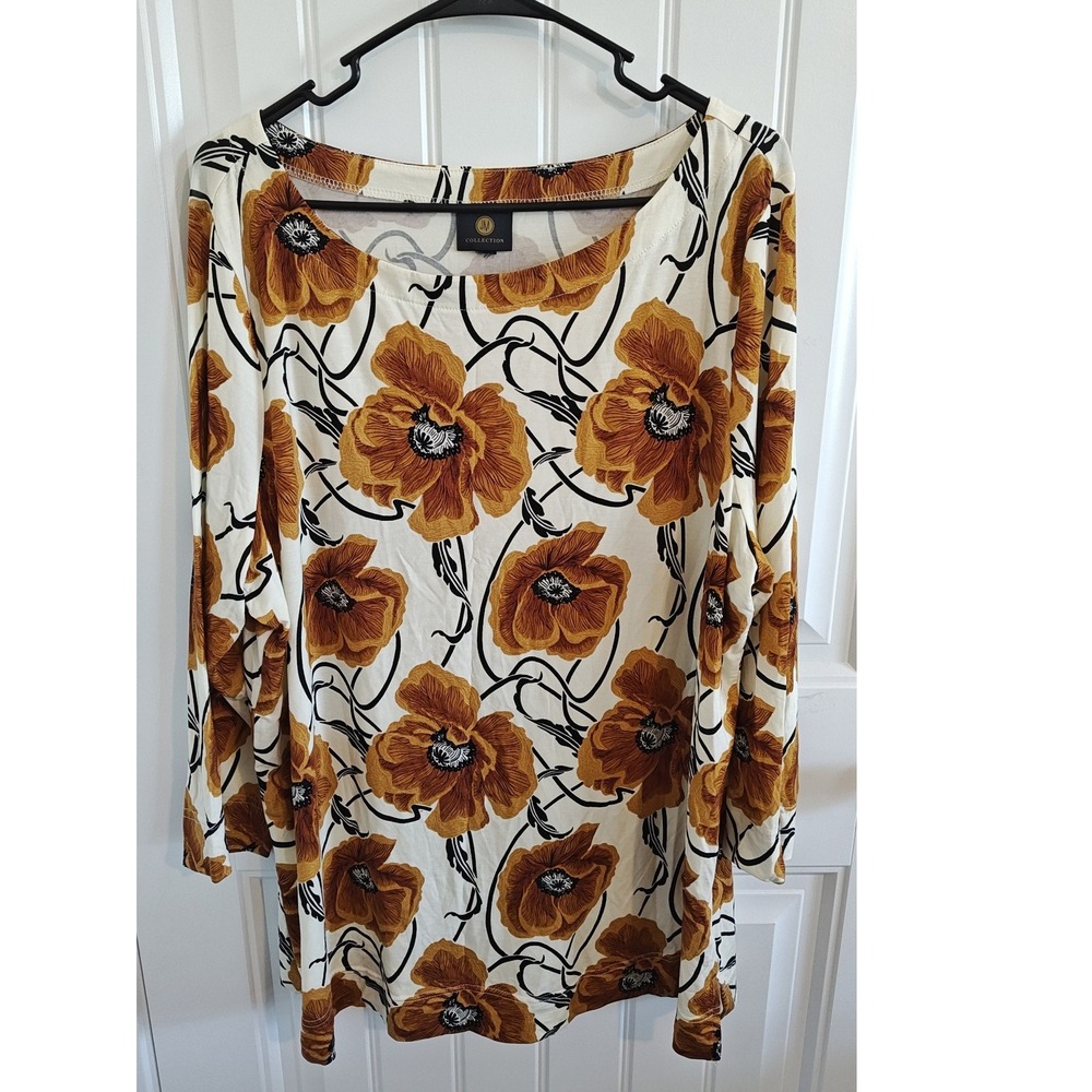 Women XXL JM Collection Floral Boho Tencel Lyocell Mustard Yellow 3/4 Sleeve Top